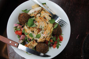 grilled chicken, hummus, falafel salad at Chalk Point Kitchen