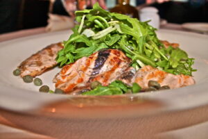 Grilled Salmon and arugula at Ammos