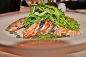 Grilled Salmon and arugula at Ammos