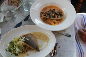 Roasted dorade and Steamed bass nocrouton at Lafayette