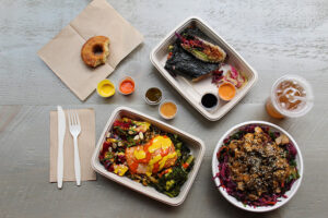 Salmon Plate, Salmon Poke Roll and Miso Chicken Bowl from The Little Beet