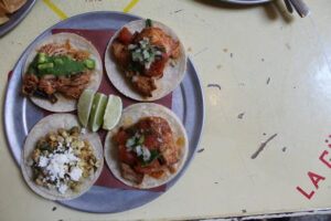 gluten free fish tacos, maiz and poblano, and chicken tacos at Tacombi