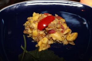 Ackee and Codfish with rice at Norman's Cay