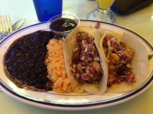 Shrimp Tacos with rice and beans at Cafe Habana