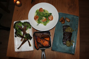 Sweet Potato, roasted broccoli, scallops, steak from The Little Beet Table