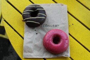 Chocolate coconut and raspberry vanilla gluten free and vegan fonut from Fonuts