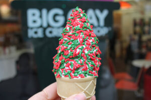 Vanilla ice cream with sprinkles on a gluten free ice cream cone at Big Gay Ice Cream Shop