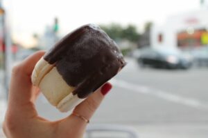Vanilla with chocolate fudge macaron ice cream sandwich from Milk