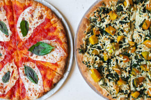 Gluten free Margarita pizza and vegan zucca pizza at Pizza Beach