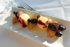 Passion fruit sorbet and berries at Ram's Head Inn