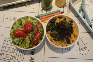 Gluten free pasta with sweet potato cheese sauce and avocado pesto at by Chloe