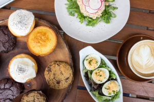 gluten free Pastries, deviled eggs, salad at Bayou Bakery