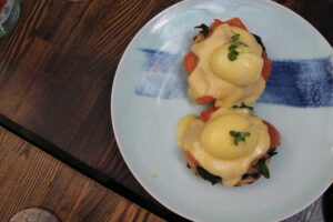 Eggs Benedict with smoked salmon on gluten free bread at the Nomo Kitchen