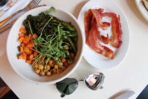 The quinoa bowl with chickpeas, broccolini, sweet potato, pea shoots and bacon at Dimes