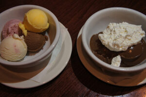 Double chocolate pudding and homemade ice cream at Ella's Wood Fired Pizza