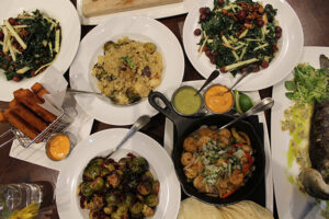Angry Shrimp Fajitas, branzino, brussels sprouts, kale salad, quinoa at David Burke fabrick