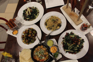 Angry Shrimp Fajitas, branzino, brussels sprouts, kale salad, quinoa at David Burke fabrick