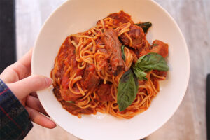 Gluten Free spaghetti with sunday sauce and short rib at Aunt Jake's