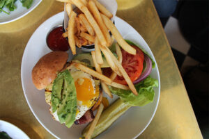 Gluten free burger with avocado and bacon at LA Chapter