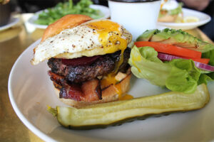 Gluten free burger with avocado and bacon at LA Chapter