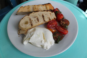 Gluten free bread and burrata at Pizza Beach