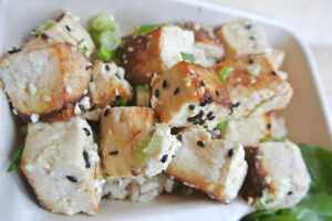 Sesame Scallion Tofu over Brown Rice from Mulberry & Vine