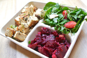 Sesame Scallion Tofu over Brown Rice, Beets w/ Apples & Mint, and Arugula Salad from Mulberry & Vine
