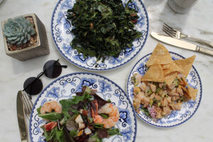 Hamachi Crudo, Kale Salad, Greens salad with shrimp at Ivory on Sunset