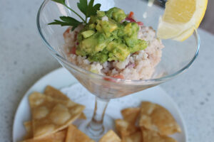 Ceviche (chips are cooked in a shared fryer) at Lulu California Bistro
